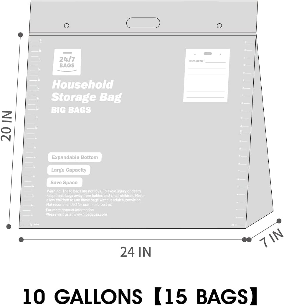 24/7 BAGS 15 XX-Large Plastic Storage 10 Gallons, Zero BPA, Double Zipper Seal, 3 Mils Thick, Double Layer Carry Handle, 24"x20"x7", Moving, Seasonal, Travel