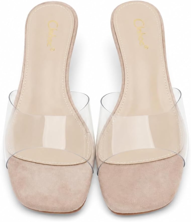 Clear Strap Wedge Heels For Women Suede Square Open Toe Platform Mules Sandals Summer Beach Wedding Slip on Slides Shoes