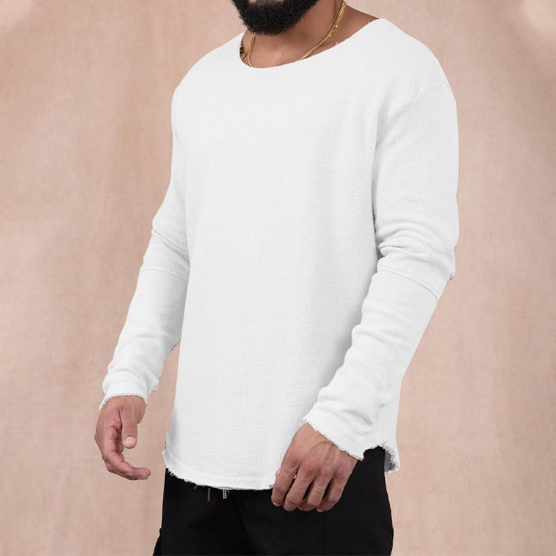 Fashion Mens Oversized Pullover Crew Neck Long Sleeve Solid T Shirts Vintage Hip Hop Casual Sweaters White