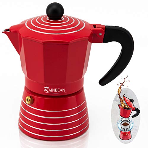 RAINBEAN Espresso Maker 6 Cups Moka Pot Set, Steam Italian Stovetop Coffee Makers Percolator, Aluminum Ripple Ring Design, Easy To Use & Clean (6 Cups/300ml, Red)