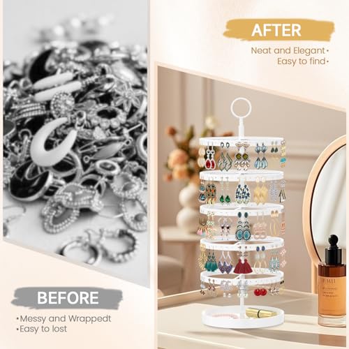 Image of MODOWEY 5 Tier Rotating Earring Holder Organizer, Adjustable Display Tree with Metal Tray, 220 Holes Jewelry Rack for Pierced Stud Hoop Dangle, Large Capacity Space-Saving Stand for Women (White)