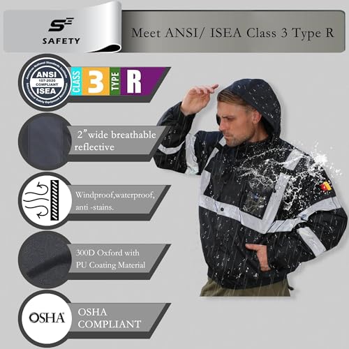Image of sesafety Reflective Jacket for Men, High Visibility Jackets, Safety Jackets for Men, Hi Vis Construction Bomber Jackets Waterproof with Pockets and Zipper, Black Bottom, Class 3