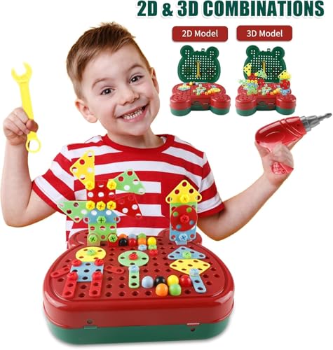 Image of Electric Drill Toy Set for Kids, 218 Pcs DIY Puzzle Construction Assembly Kids Tool Set Gift, Creative 3D Take Apart STEM Educational Toy Kit with Electric Drill and Storage Box