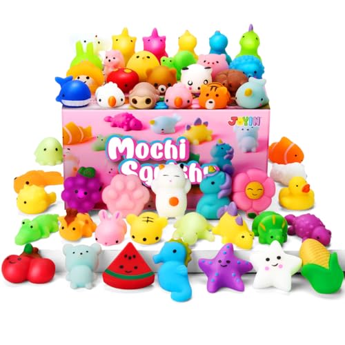 JOYIN Mochi Squishy Toys Set, 50 Pack Mini Mochi Party Favors for Kids, Kawaii Squishy Toy Stress Relief Toys, Goodie Bags Fillers with Storage Box, Pinata Stuffers, Classroom Prizes