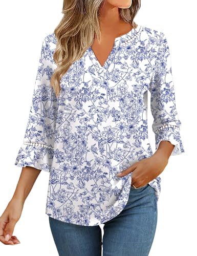 3/4 Length Sleeve Womens Tops Summer Ruffle Sleeve Blouses V-Neck Lace T-Shirts Dressy Casual