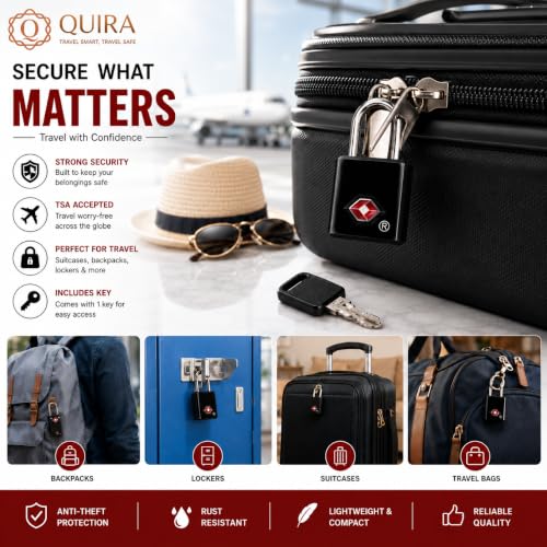 Image of QUIRA TSA Approved Travel Padlock with Key, Luggage Lock for Suitcase, Backpack, Locker & Travel Bags, Heavy Duty Security Lock (Black)