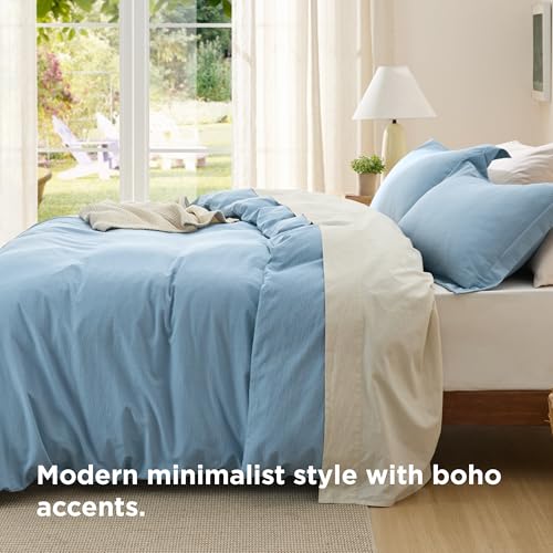 Image of Bedsure Textured Duvet Cover Queen Size - Cotton-Like Polyester Jacquard Duvet Cover Set for All Seasons - 3 Pieces Ultra Soft Bedding Set with 2 Pillow Shams, NO Comforter (Blue, Queen, 90 inchx90 inch)