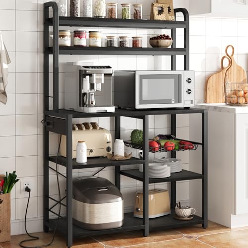 GarveeHome Microwave Stand Bakers Rack with Power Outlet, Kitchen Baker Rack with Wire Basket, 6-Tier Large Freestanding Utility Storage Shelf for Kitchen Dining Living Room, Rustic Black