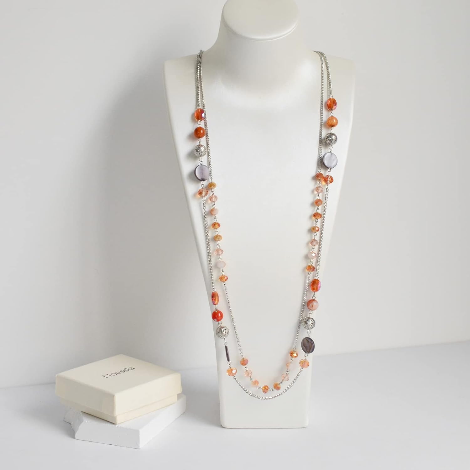 Noessla Layered Long Necklaces for Women Crystal Beaded Statement Necklace Sweater Silver Chain with Gifts Box Jewelry - Image 5
