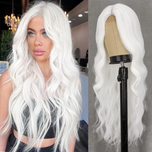 WERD Long White Wig for Women Long Curly Wavy Wig Middle Part White Wigs Heat Resistant Synthetic Cosplay Hair For Theme Party Daily Use