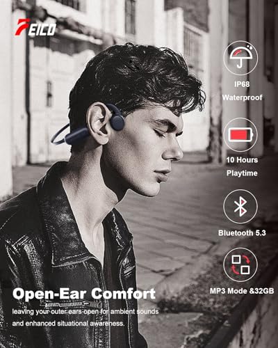 Image of FEICO Bone Conduction Headphones with Built-in MP3 - 32GB Sports Headset, IP68 Waterproof, Bluetooth 5.3 Open-Ear Earphones for Swimming, Running, Cycling & Driving, Mic Included