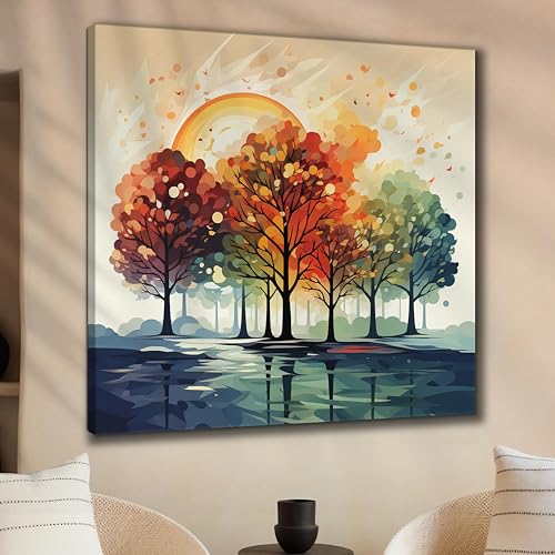 Image of SAF painting Abstract Forest Landscape Wall Art - Vibrant Multicolor Trees with Reflection - Canvas Painting for Living Room, Bedroom, or Office Decor 30 Inch x 30 Inch