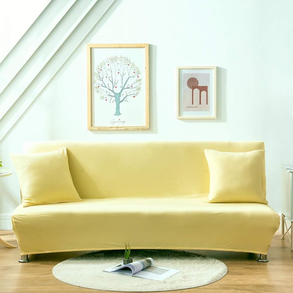 Solid Color Elastic Armless Folding Sofa Slipcover, Soft Spandex One Piece Sleeper Bed Covers, Decorative Stain Dust Proof Futon Wrap Yellow 195-225cm/76-88