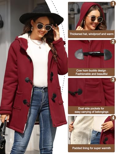 Yuson Girl Winterjacke Damen Fleecejacke Lang Warm Hornknopfjacke Einfarbig Wintermantel Kapuzenpullover Winter Cardigan Sweatshirt Damen Reißverschluss Kapuzenjacke mit Knopf(Weinrot, L)