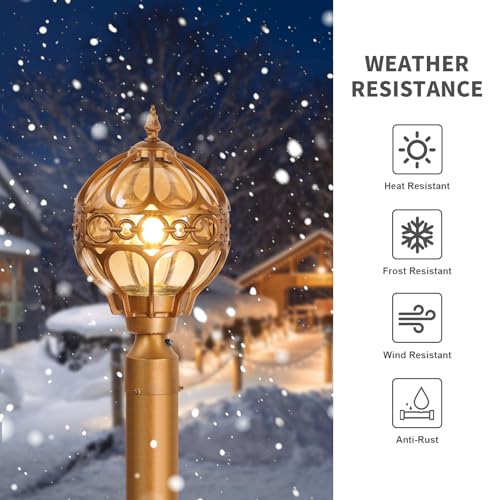 Dusk to Dawn Globe Outdoor Lamp Post Lights for Lawn Garden Yard Driveway, Brass Sphere Outside Post Light, Pier Mount Pillar Post Lighting Fixtures, Soccer Ball Exterior Pole Post Light(2 Pack)