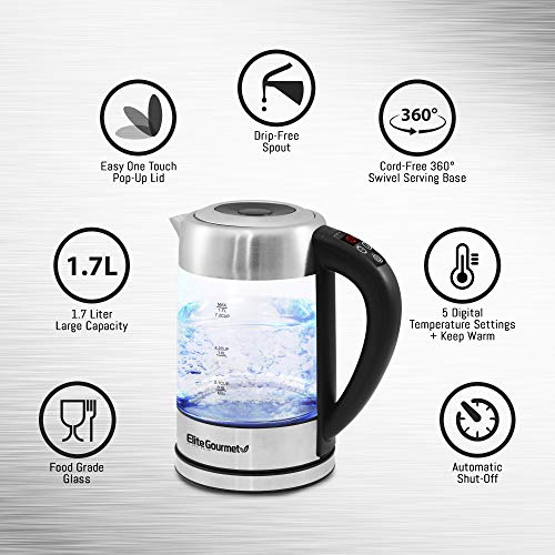 Image of Elite Gourmet EKT-1789D 1500W Electric Programmable w / 5 Temp Settings, Warm Function BPA-Free Glass Kettle, Cordless 360 Base, Blue LED Interior, Auto Shut-Off - Quickly Boil Water For Tea & More