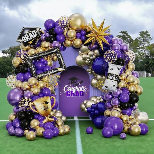 Image of 141Pcs Purple Gold Black Graduation Balloon Garland Arch Kit,with Explosion Star,Diploma,Trophy,Grad Hat,Photo Frame Foil Balloon for Congrats Class of 2026 Graduates Celebration Party Decoration