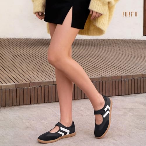 Image of IDIFU Mary Jane Sneakers for Women Retro Fashion Casual Ballet Flats | Lightweight Memory Foam Insole Non-Slip Hook and Loop Spring Tennis Walking Shoes