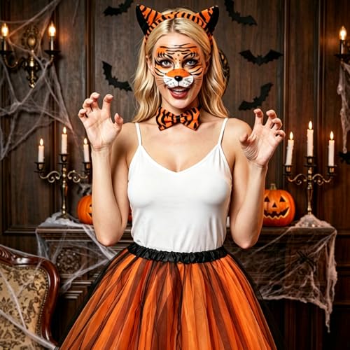 Rotamora 6Pcs Halloween Tiger Costume Set, Animal Costume Tiger Ears Headband Tail Nose Bow Tie Face Sticker Tutu Skirt Fancy Dress Up for Women Men Halloween Cosplay Party Accessories - image 6