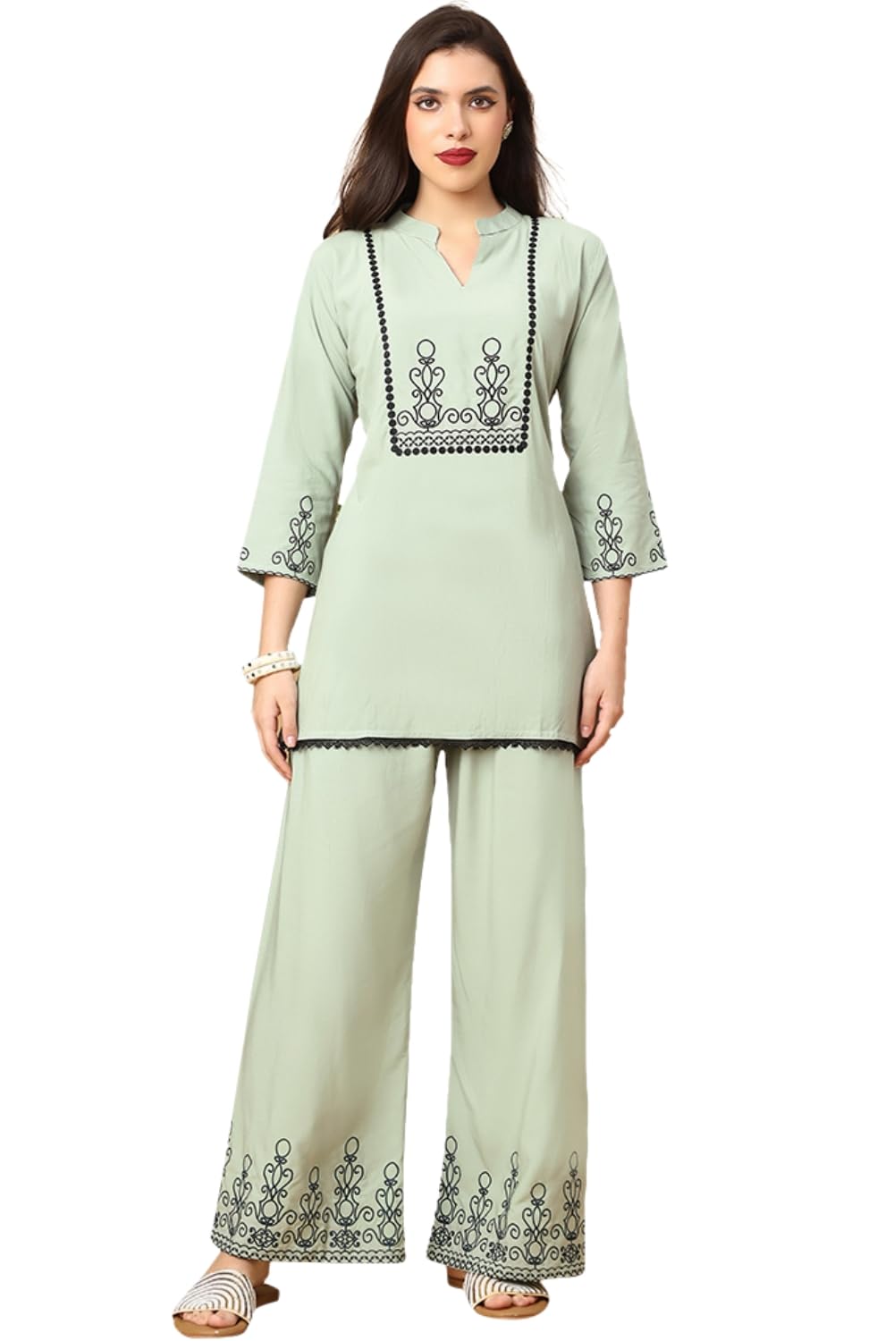 ganix - fashion that define you Women’s Embroidered Rayon Co-Ord Set | Ethnic Kurta & Palazzo Pant Set | 3/4 Sleeve Mandarin Collar Kurti Set | Daily Casual, Festive & Office Wear | Comfortable Breathable Fabric with Pocket-picture-38