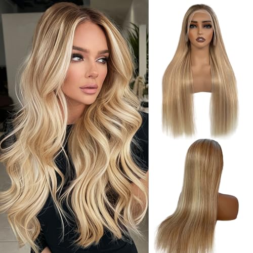 Image of Ash Blonde Lace Front Wig Human Hair, 13x4 Silky Straight Mini Knots HD Invisible Lace Wig for Women Glueless Blonde with Brown Highlights Wigs 26 Inch 180% Density Pre Plucked Free Part Frontal Wigs