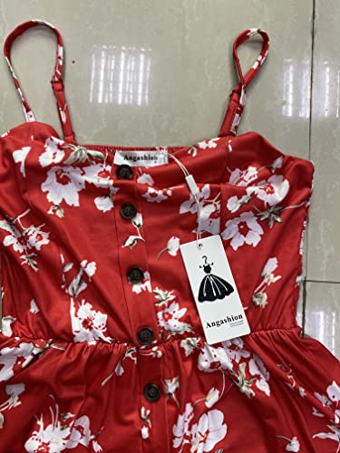 Image of Angashion Women's Dresses-Summer Floral Bohemian Spaghetti Strap Button Down Swing Midi Dress