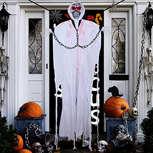 LVJING Halloween Hanging Ghost Decorations, 5.24FT Halloween Hanging Decorations with Glowing Eyes & Creepy Sounds Portable for Halloween Indoor/Outdoor Carrying, Hanging and Decorations