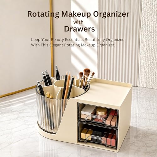 Image of KiZY Luxury 360 Rotating Makeup Brush Holder Organizer | Countertop Organizer Skincare Storage for Vanity, Desktop, Bathroom, Cosmetics | Lipstic, Eyeliners, Perfume Storage. (ROT CREAM)