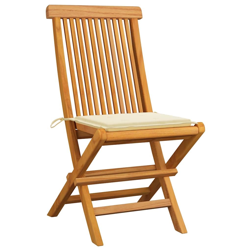 Hothingwell Zestaw 2 składanych krzeseł ogrodowych z litego drewna tekowego z poduszkami w kolorze kremowym, elegancki design, wygodne i lekkie, udźwig 110 kg na jedno siedzisko