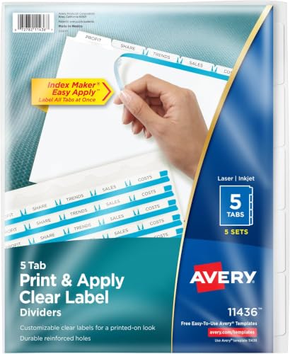 Image of Avery 5 Tab Dividers for 3 Ring Binder, Easy Print & Apply Clear Label Strip, Index Maker Customizable White Tabs, 5 Sets (11436) (Pack of 10)