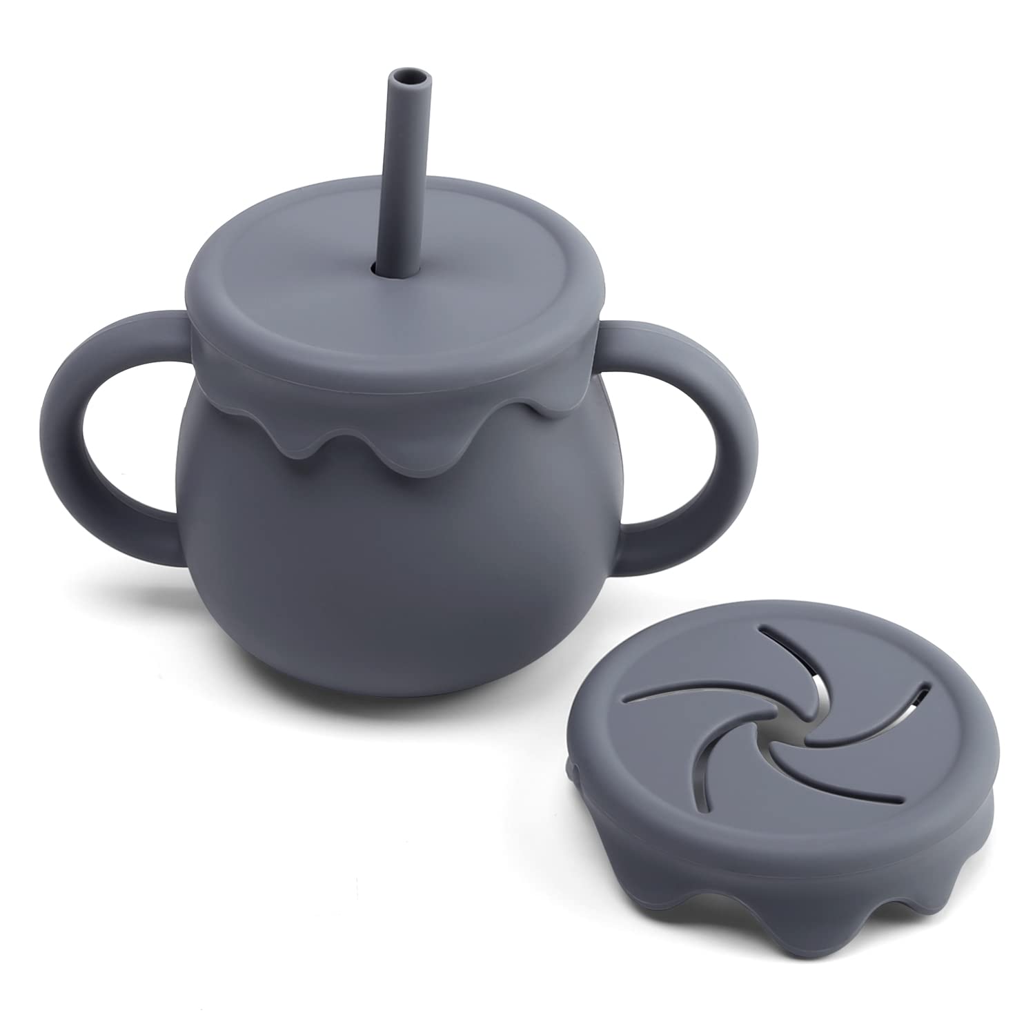 Ginbear 2-in-1 Silicone Baby Cups with Straw & Snack Cup Lid, 8.5 OZ Spill Proof Sippy Cups, Toddler Training Cup for ages 12 M+ (Cool Gray)