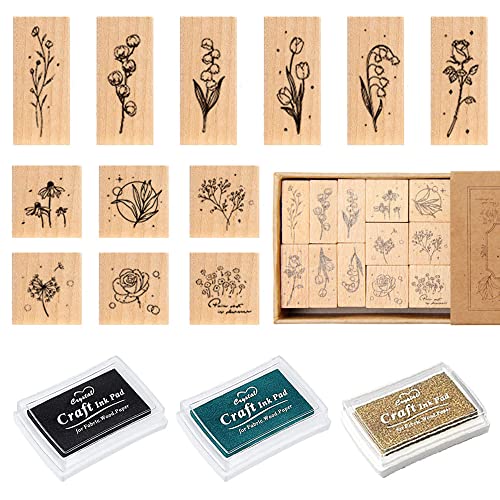 Rebanky 12 Piezas Sellos de Madera Vintage de Flores y Plantas Con Almohadillas de Tinta de 3 Colores para Manualidades, Tarjetas, Álbumes de Recortes