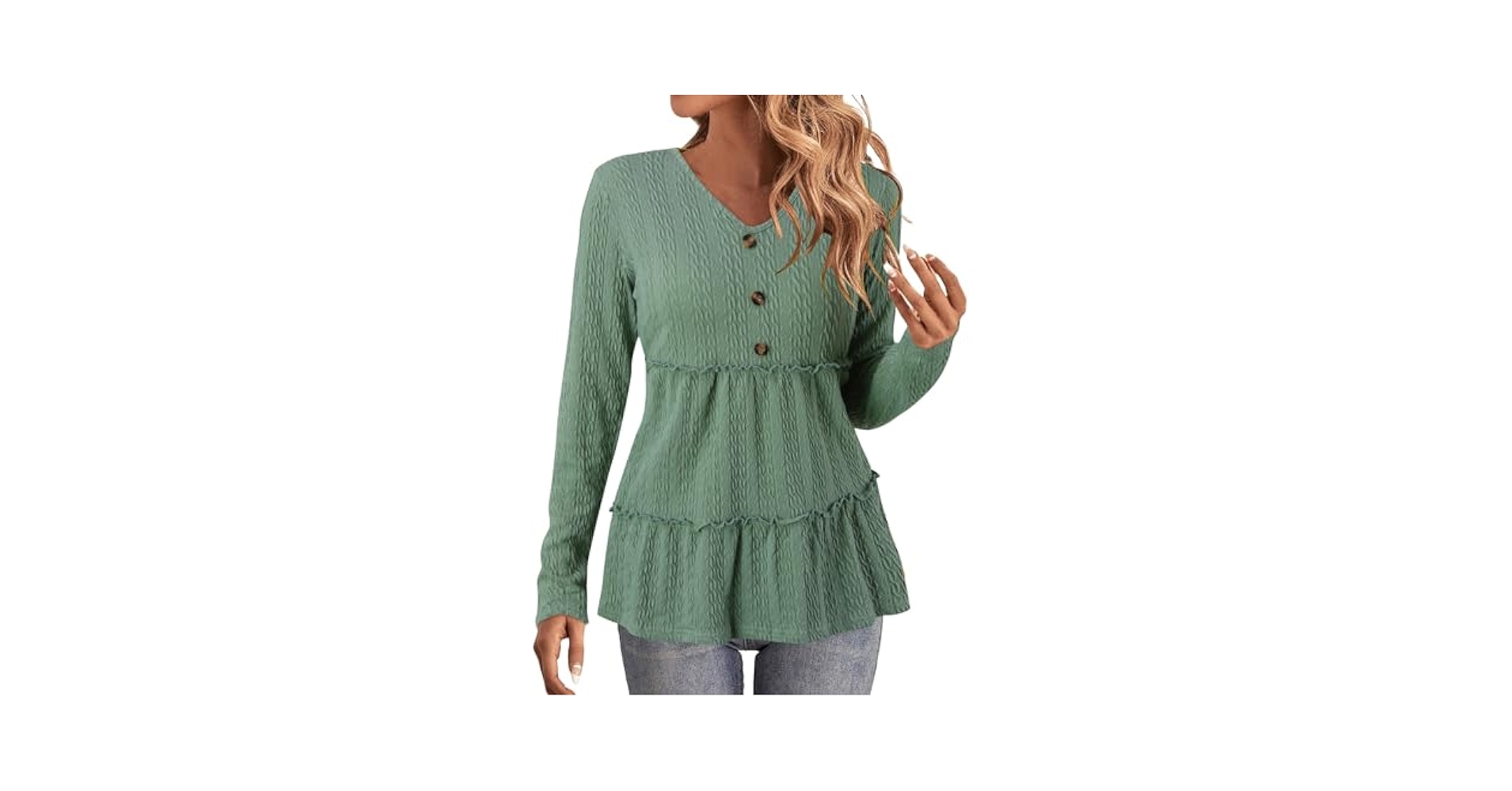 Women's Casual Peplum Tops V Neck Long Sleeve Knit Ruffle