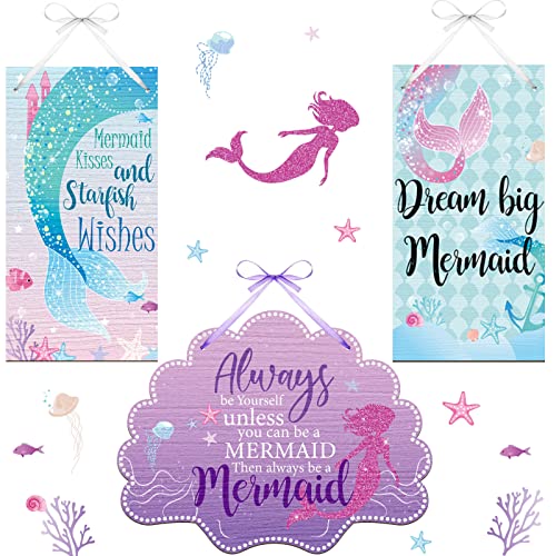 Image of Queekay 3 Pcs Mermaid Room Decor Mermaid Bedroom Bathroom Wall Decor Ocean Doubled Sided Printing Wood Sign Shell Welcome Door Plaque Seaside Plaque Farmhouse Wall Art for Summer Home Decoration