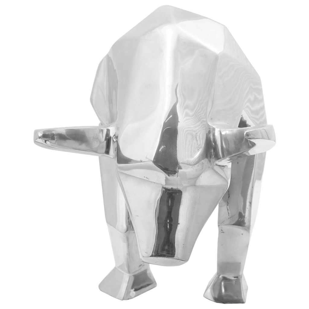 Silberne Bullen Figur Skulptur aus Aluminium, 74 x 23 x 30 cm Hochglanz, Deko Objekt für Wohnzimmer, Regal, Kaminsims, Fensterbank, Eingang, Sammlerfigur und Geschenk