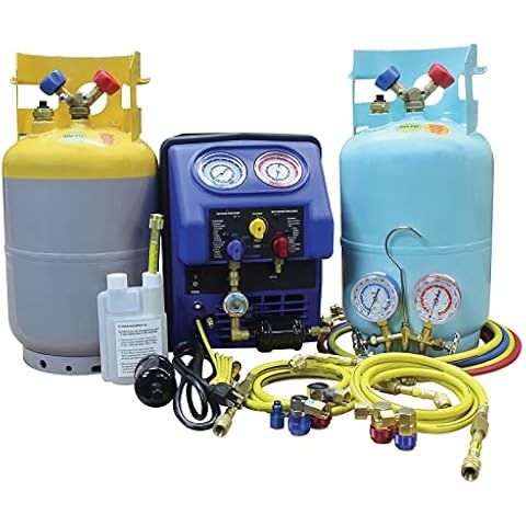 Mastercool 69372 R134a/R1234yf Complete A/C Recovery Set – Spark-Free, Dual-Piston Compressor, 30 lb DOT Tanks with Float Switch Cover
