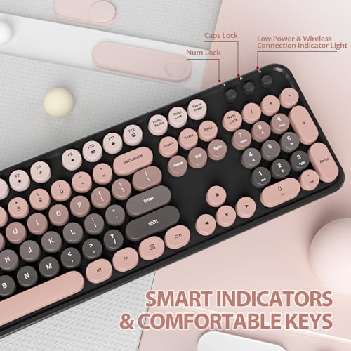 Image of Fogruaden Pink Keyboard and Mouse Wireless, Retro Typewriter Keyboard, 2.4GHz 104 Keys Full Size Cute Keyboard with Number Pad, Gradient Colorful Round Keycaps for Windows PC Desktops Laptop