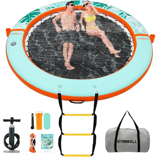 Image of Inflatable Water Hammock Floating Dock 8 FT with Mesh, Tanning Pool Raft Round Ring for Adults, Float Platform for Lake and Beach with Water Ladder and Cup Holder
