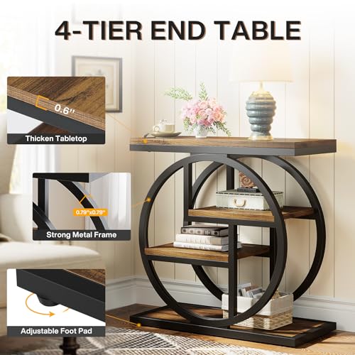Image of Tribesigns End Table for Living Room, 4-Tier Narrow Side Table with Storage Shelves, Industrial Bedside Table for Bedroom, Wood Small Sofa Side Table with Geometric Metal Frame (1 PC, Rustic Brown)