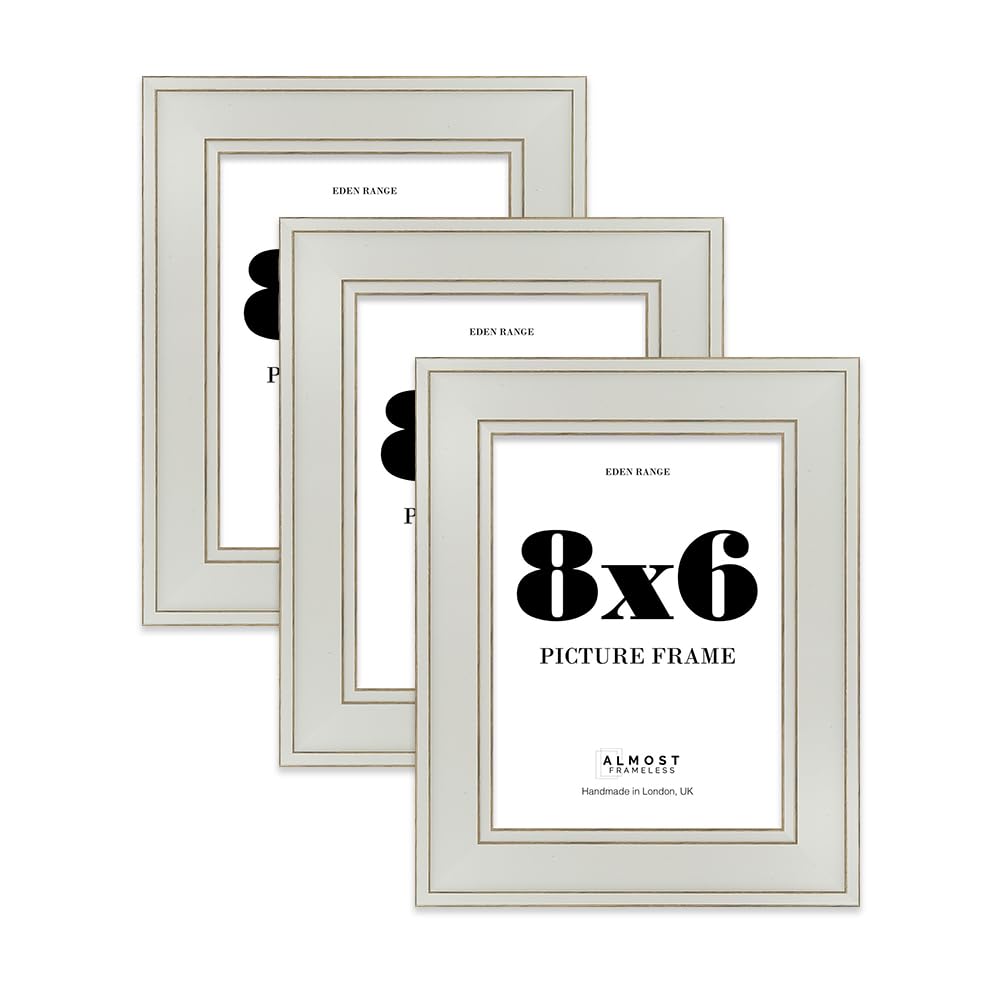 8x6 Light Grey Picture Frame - Shabby Chic Photo Frame with Distressed Finish, Gold Trim, Wall Hooks and Kickstand, 37mm Edge - 3 Pack