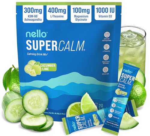 Nello Supercalm Powdered Drink Mix, Cortisol Reducer and Sleep Aid Supplement, L Theanine, Ksm-66 Ashwagandha, Magnesium Glycinate, Vitamin D 3, No Sugar, Non GMO, On The Go, 20 Ct, Cucumber Lime