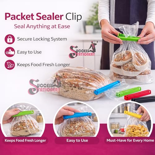Image of Success Stationery 36 Pcs Clips for Packet Sealing - Reusable Plastic Food Snack Bag Pouch Clip Sealer - Air Tight Packet Clips for Kitchen Use - 3 Different Seal Sizes