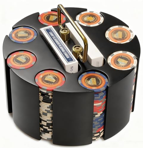 INLETTER Wood Carousel Poker Chip Case, Poker Chip Carrier Holder - Holds 200 Pcs Chips and 2 Decks of Playing...