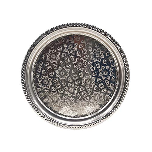 Plateau de thé avec gravures Ethnique, Artisanal Fait a la Main de Marrakech en cuivre Blanc Maroc, Mesure 33cm de diamètre