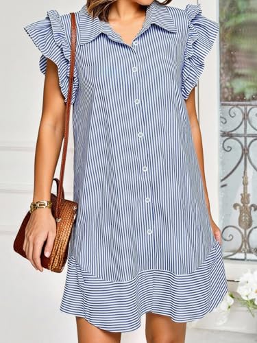 Women's Plus Size Striped Mini Dress Elegant Button Down Ruffle Sleeve Casual Dresses4