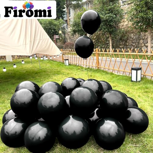 Image of Firomi Shiny Party Black Balloons 12-inch 100 Pack (with 3 Ribbons) | Metallic Thicken Big Helium Round Black Latex Balloon for Birthday Party