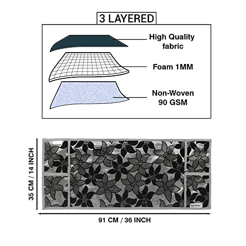 Image of Polyester 3-Layered Microwave-Oven Top Cover with 4 Pockets (BlackGrey, Size-36x14 Inches), geometrical design (MOCTC-FLOK-FLW-BLCKGRY)