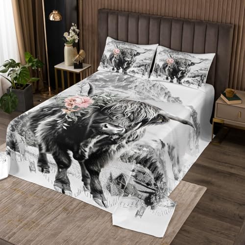 Erosebridal Kids Highland Cow Bedspread, Funny Bull Cattle with Flower Coverlet Set Twin Size for Boys Girls Teens Adult Bedroom, Farmhouse Cowboy Quilted Coverlet with 1 Pillow Case, Gray
