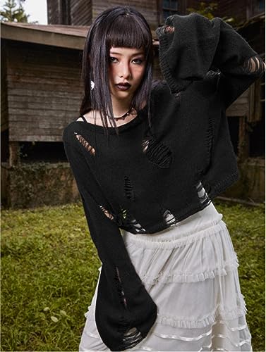 Image of URAWESO Gothic Hollow Sweater Ripped Punk Crochet Tops Distressed Gyaru Y2k Black Knit Pullover with Holes