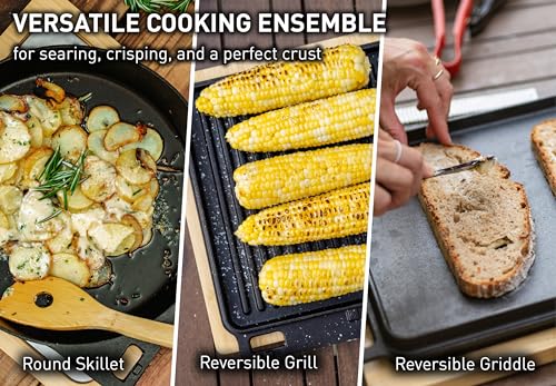 Image of Solo Stove Pi Cast Iron 3-Piece Cookware Set | Incl. Round Skillet (30,5 cm), Reversible Grill /Griddle (29,2 x 33 cm), 2 Removable Handles, Bamboo /Stainless Steel Base for Protection